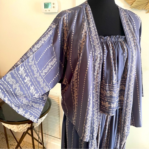 JAPNA SET Long Blue Print Wide Leg Jumpsuit! With Kimono Sleeve Match Jacket. LG - Picture 1 of 11